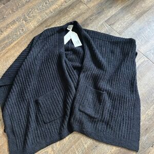 Softies Rib Marshmallow Shawl Black One Size NWT 3030-20 Open Front Wrap Pocket